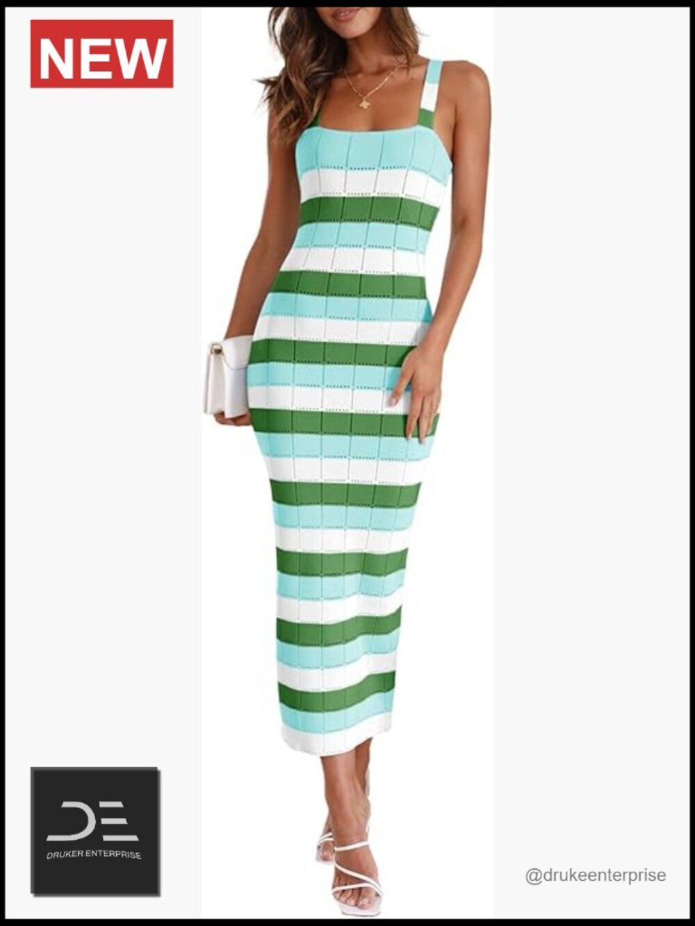 Sleeveless Bodycon Midi Dress Square Neck Color Block Knit Summer Tank Dress